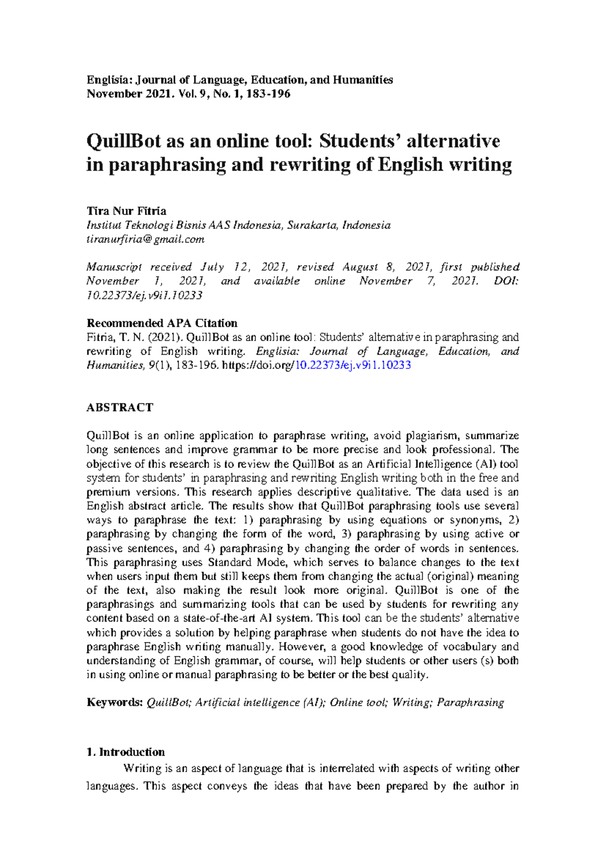 QuillBot as an AI Tool for Paraphrasing in English Writing: A Review ...