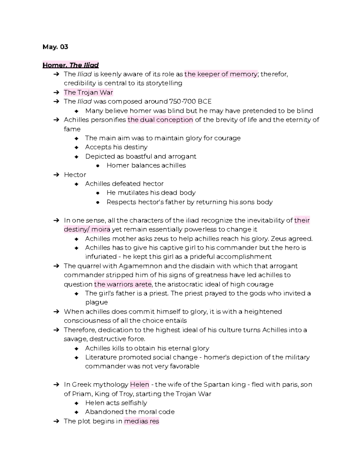 COMP 102 Notes - May. 03 Homer, The Iliad The Iliad is keenly aware of ...
