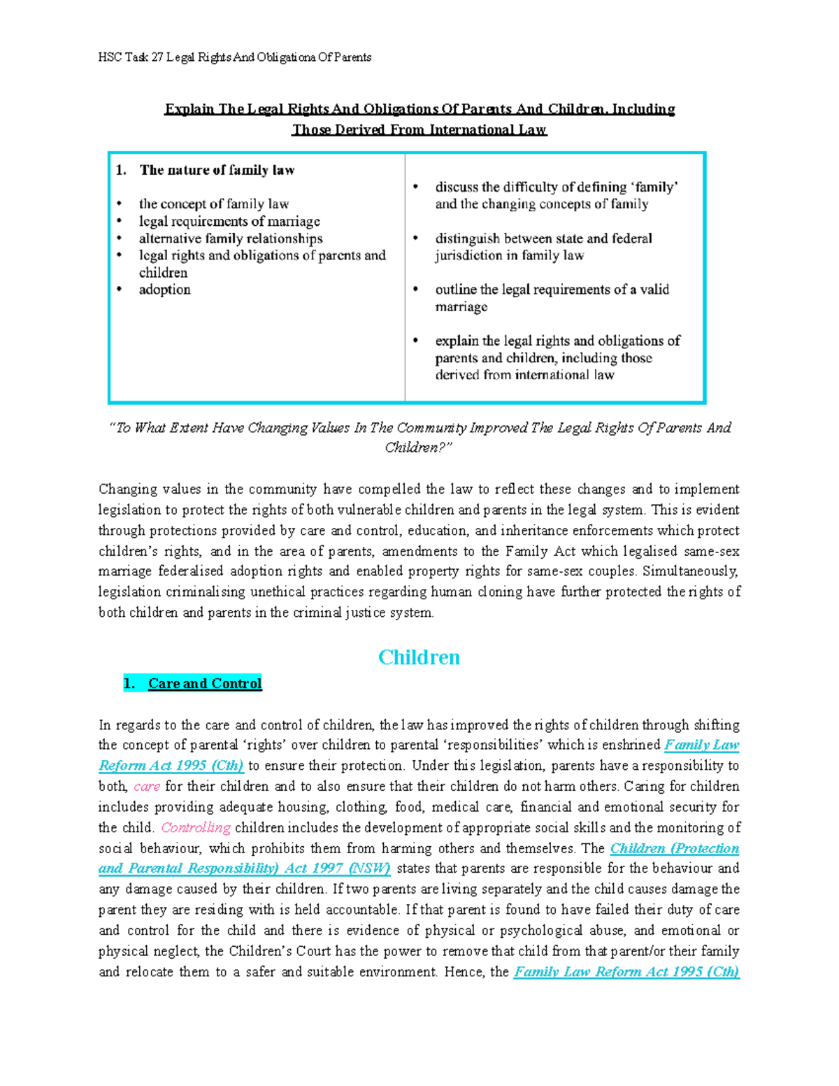 HSC TASK - Legal Rights & Responsibilities of Parents and Children ...