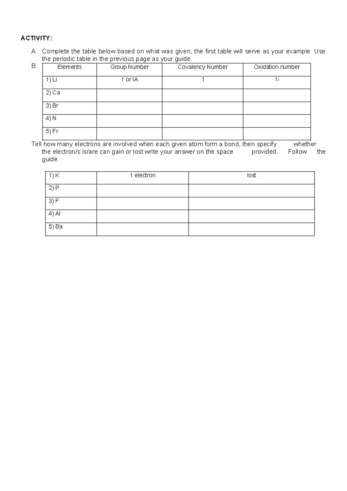 SCI-9- Activity - Activities G - ACTIVITY: A. Complete the table below ...