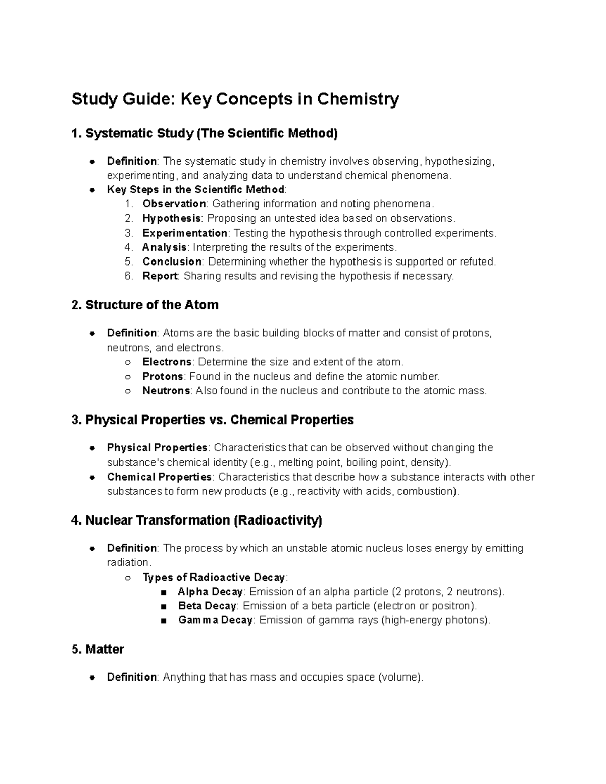 Chemistry Exam 1 Study Guide: Key Concepts and Definitions - Studocu