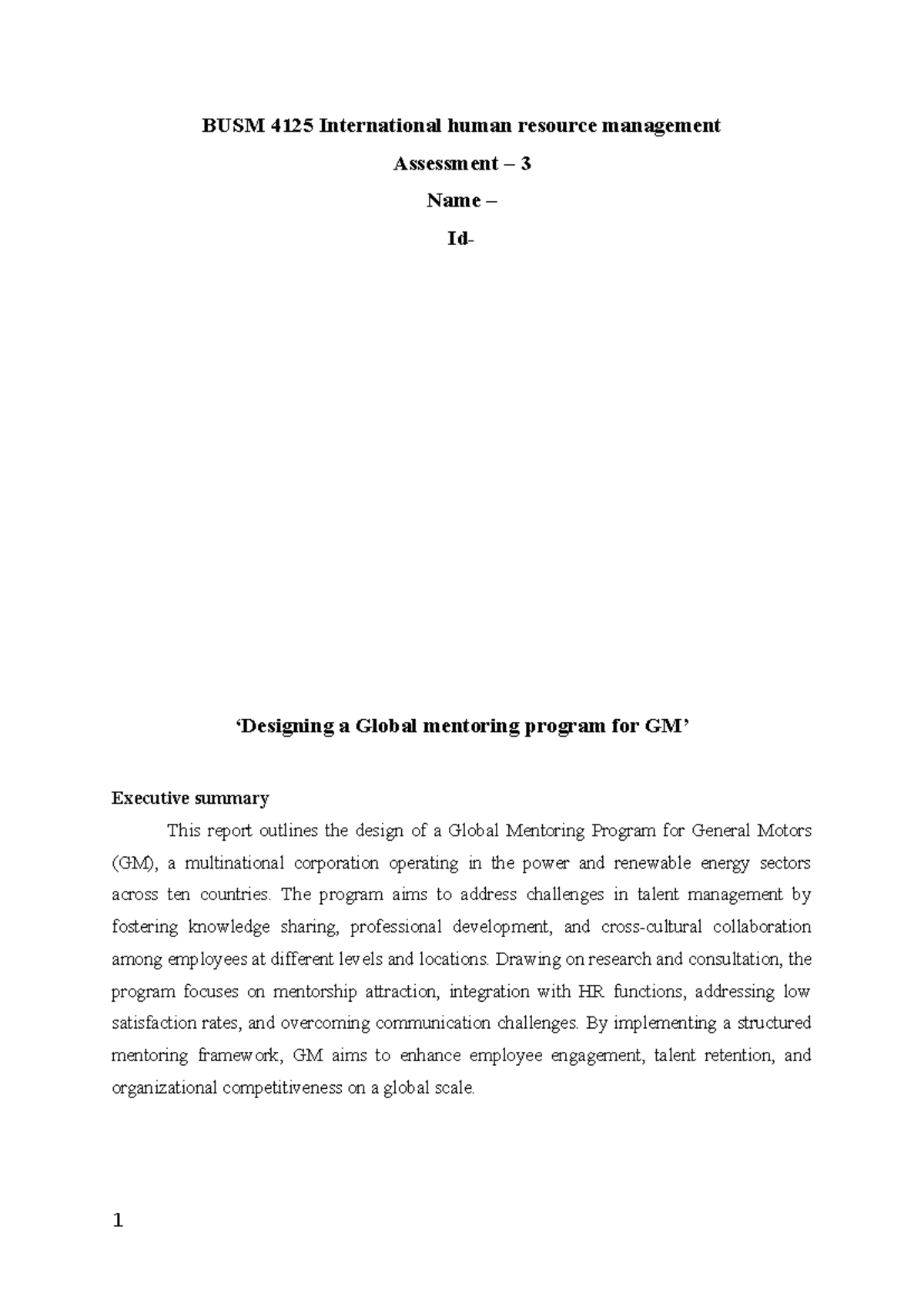 BUSM 4125 Global Mentoring Program Design for General Motors – A3 - Studocu