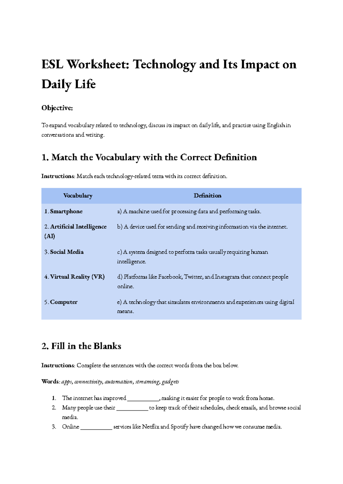 ESL Worksheet Technology and Its Impact on Daily Life - ESL Worksheet ...