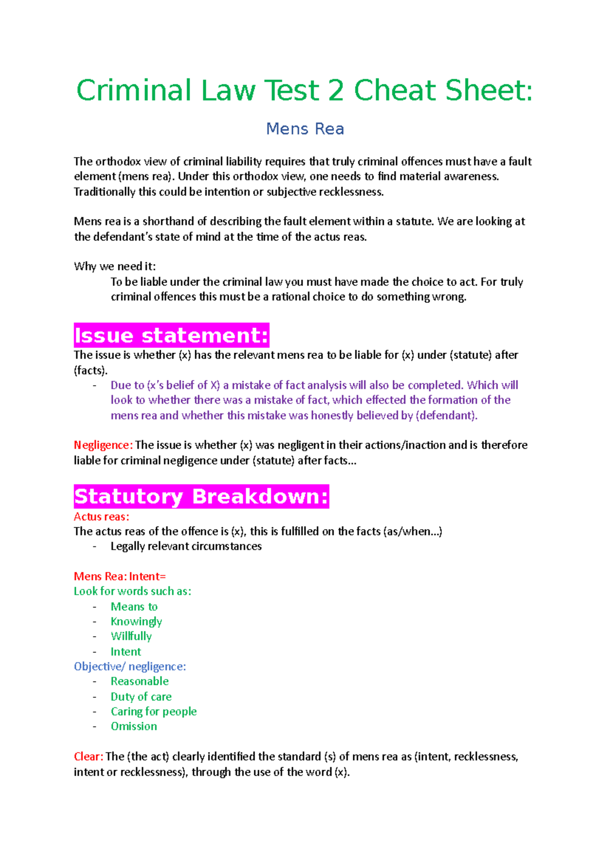 Criminal Law Test 2 Cheat Sheet: Understanding Mens Rea - Studocu