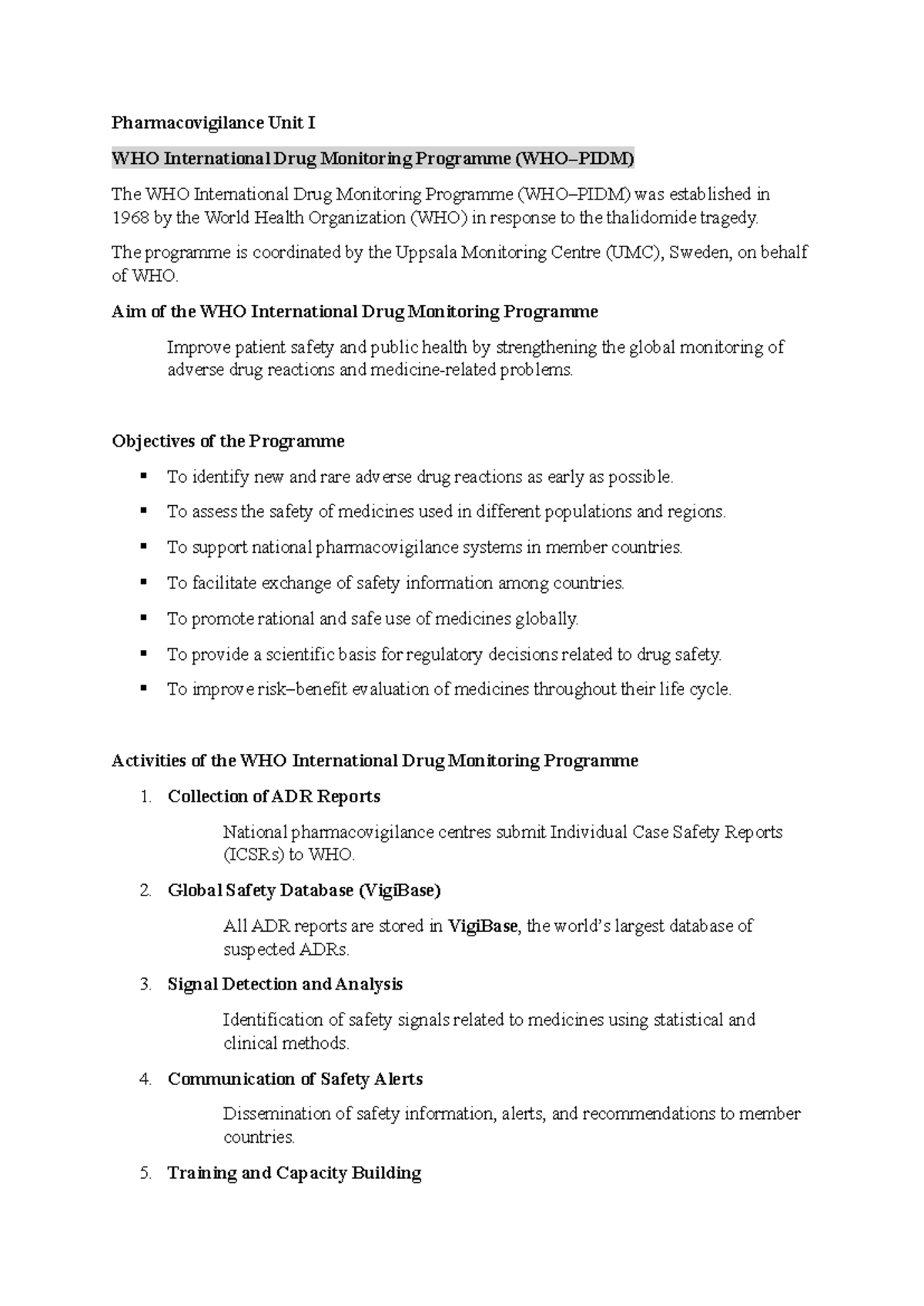 WHO International Drug Monitoring Programme Overview and Objectives ...