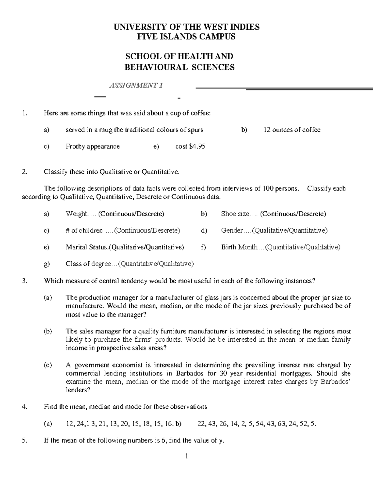 Assignment 1 (MCQ and Short Answers) - Introductory Statistics for the ...