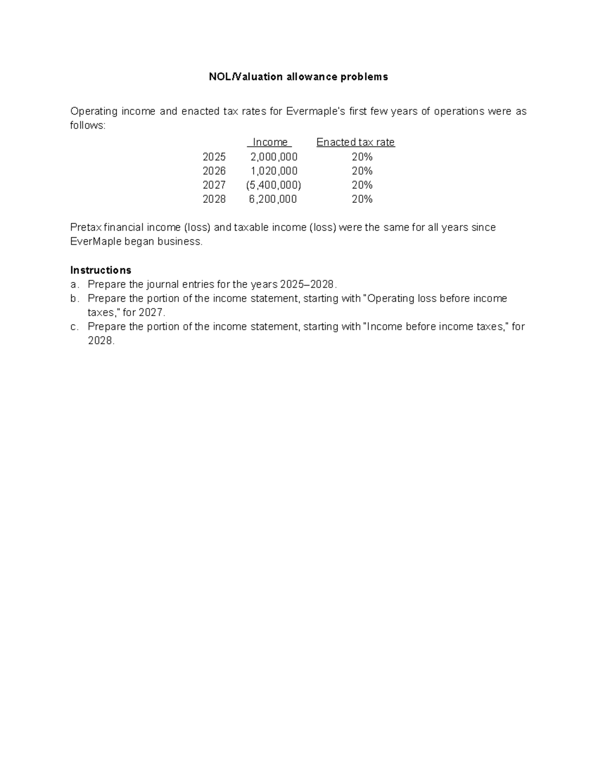 NOLs & Valuation Allowance Problems: Journal Entries & Income ...