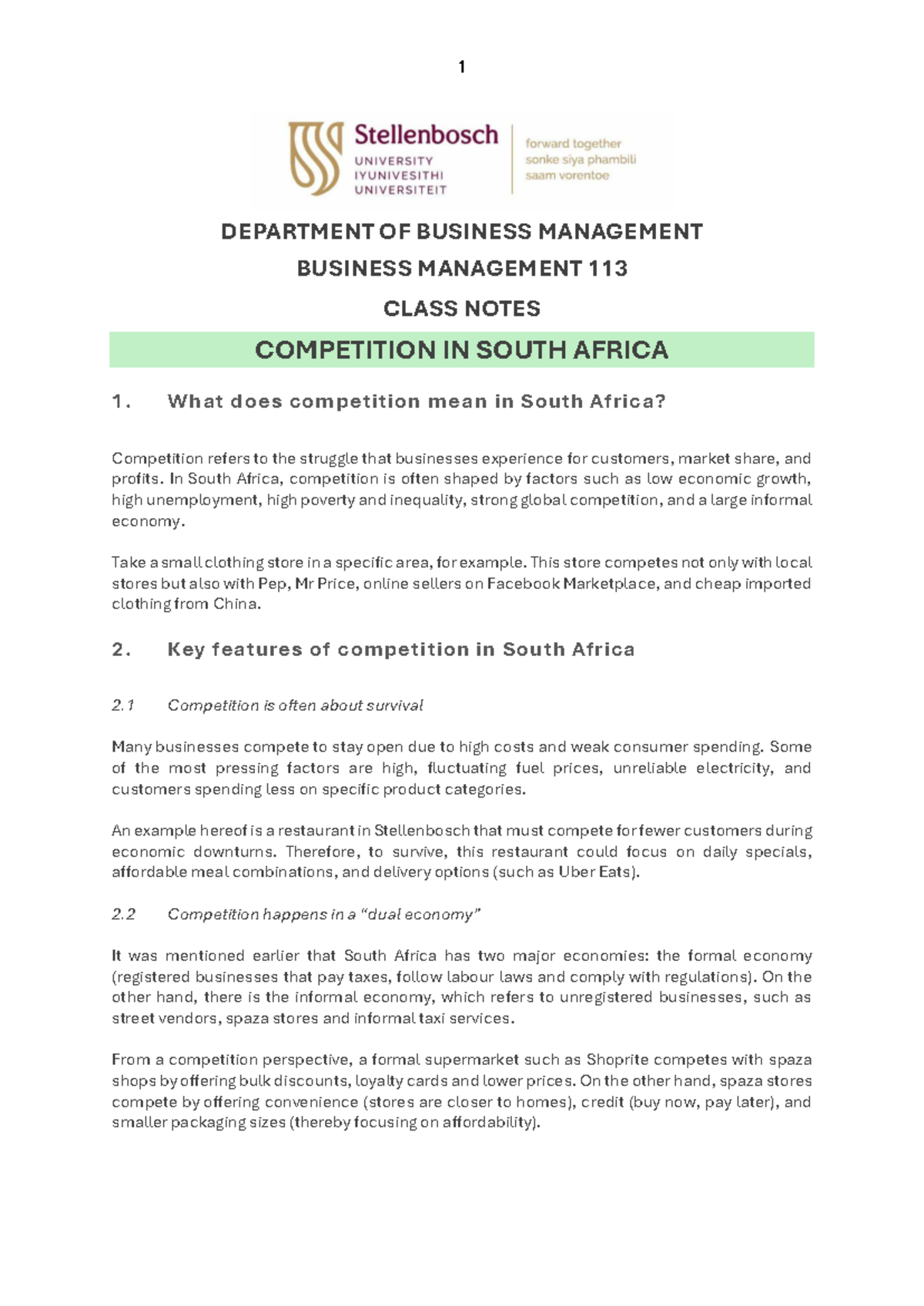 Business Management 113: Class Notes on Competition in South Africa ...