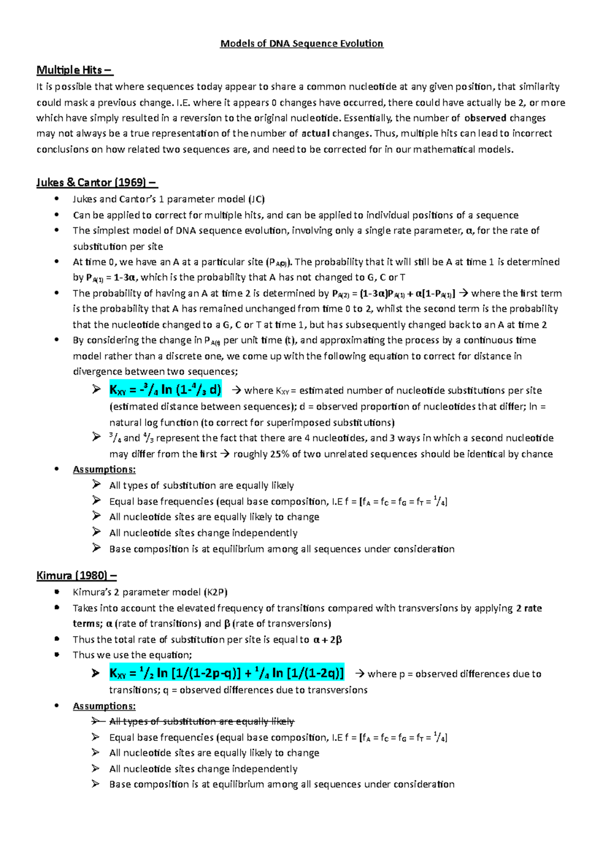 Lecture Notes: Models of DNA Sequence Evolution and Protein Evolution ...