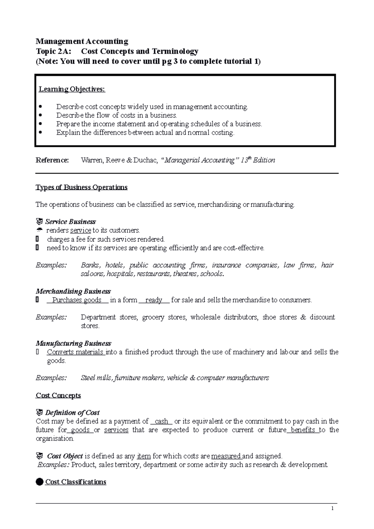 T2 Cost concepts - Practice - Management Accounting Topic 2A: Cost ...