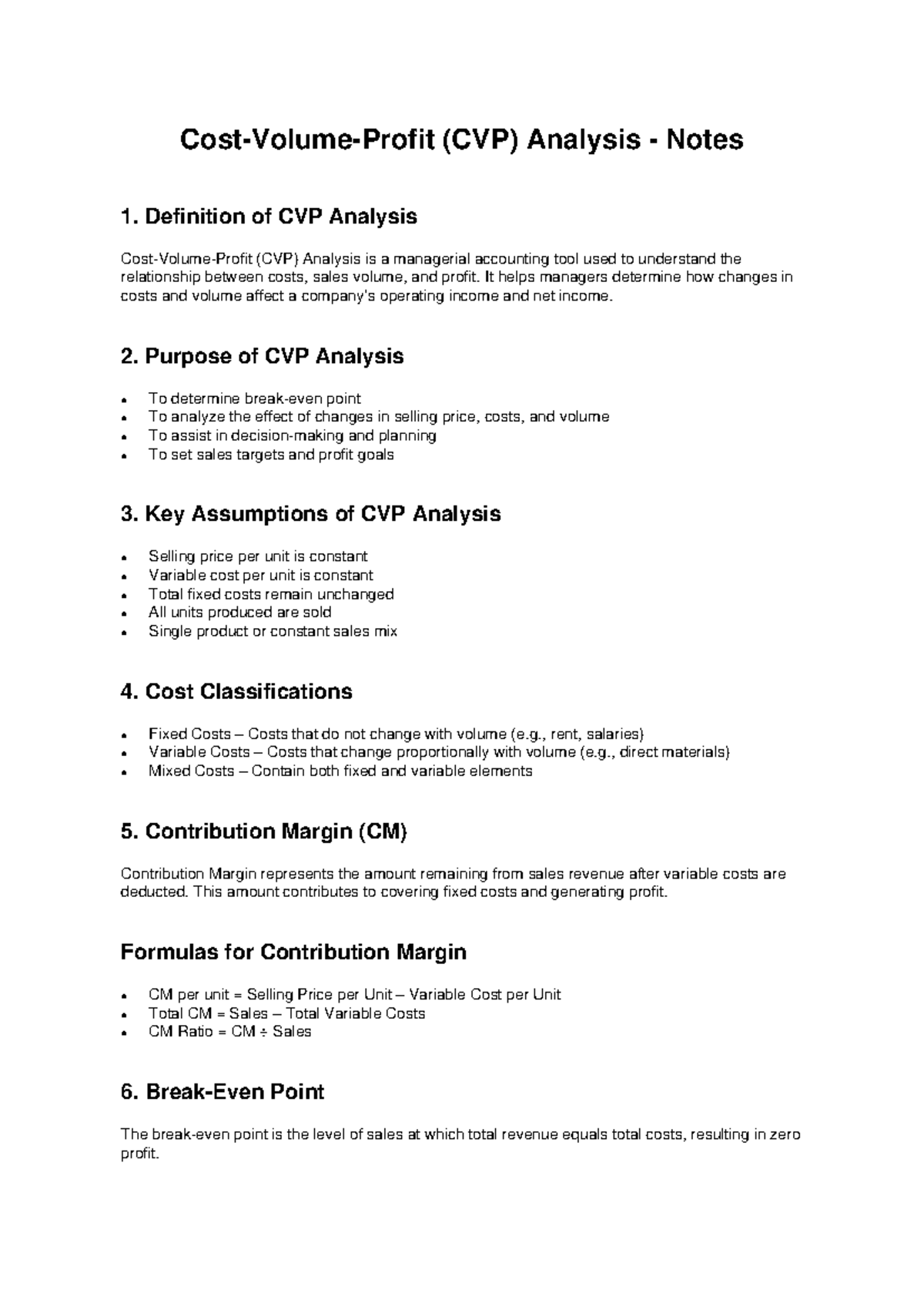 CVP Analysis Notes: Understanding Costs, Volume, and Profit - Studocu