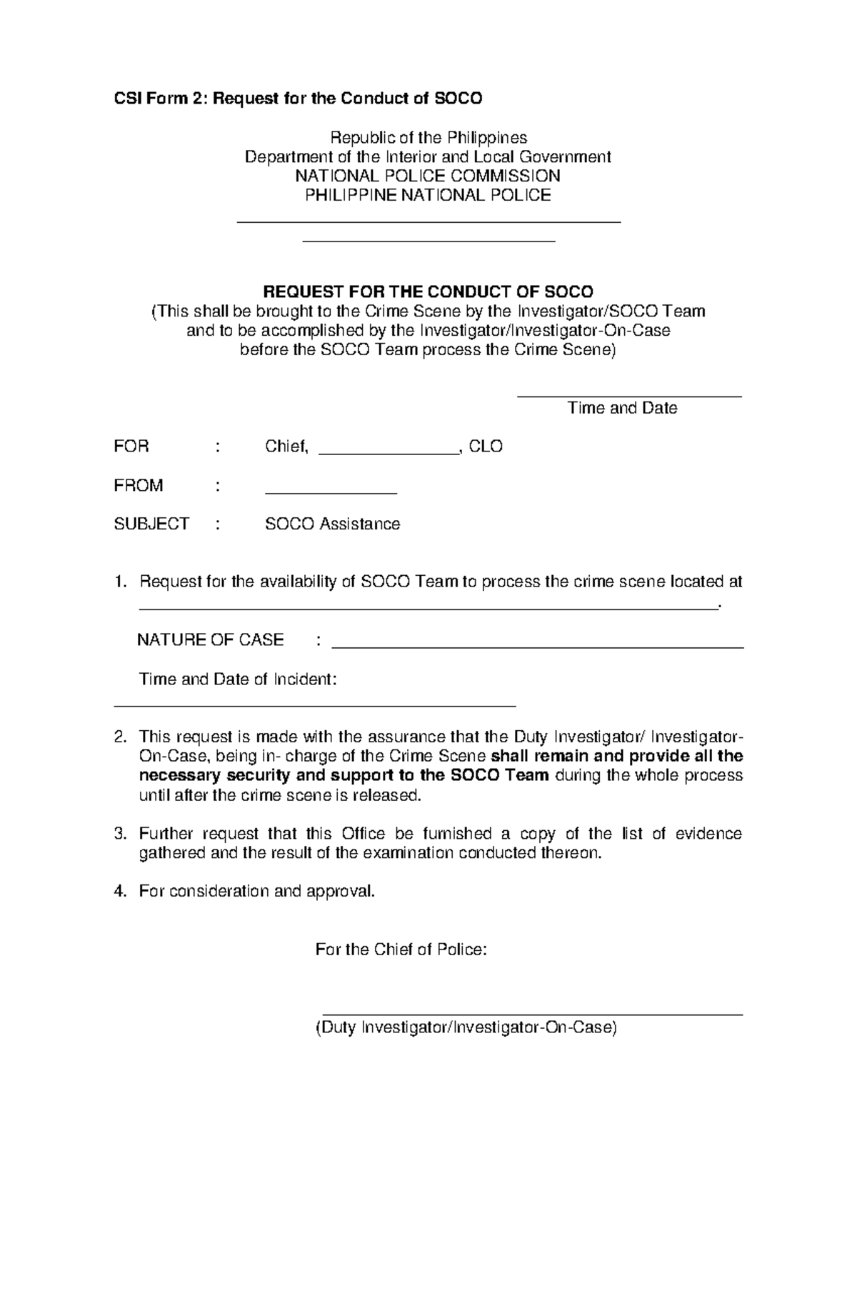 CSI Form 2: SOCO Team Request for Crime Scene Processing - Studocu