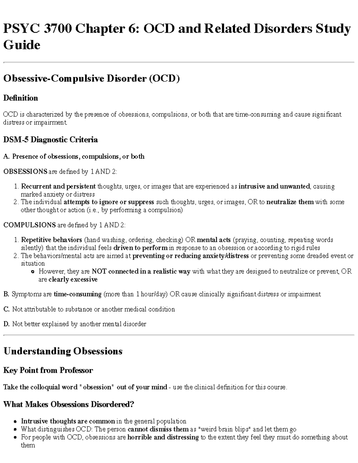 PSYC 3700 Chapter 6 Study Guide: Understanding OCD & Related Disorders ...
