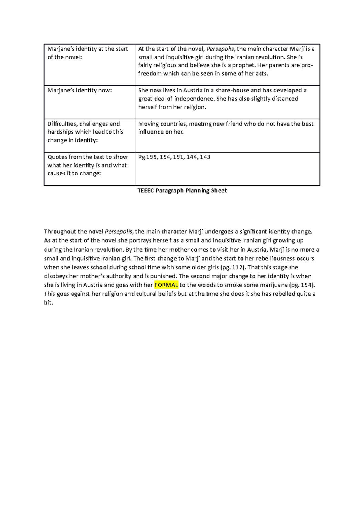 Teeec Paragraph Planning Sheet: Identity Change in 