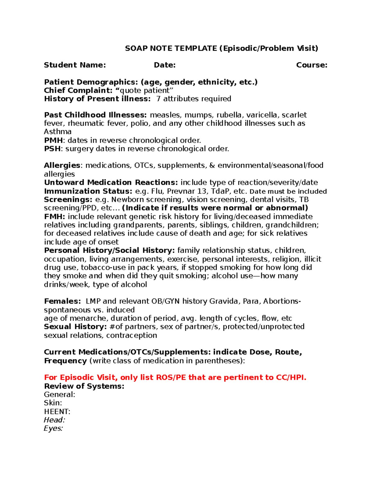 Episodic SOAP Note Template for Clinical Visits - Student Guide - Studocu