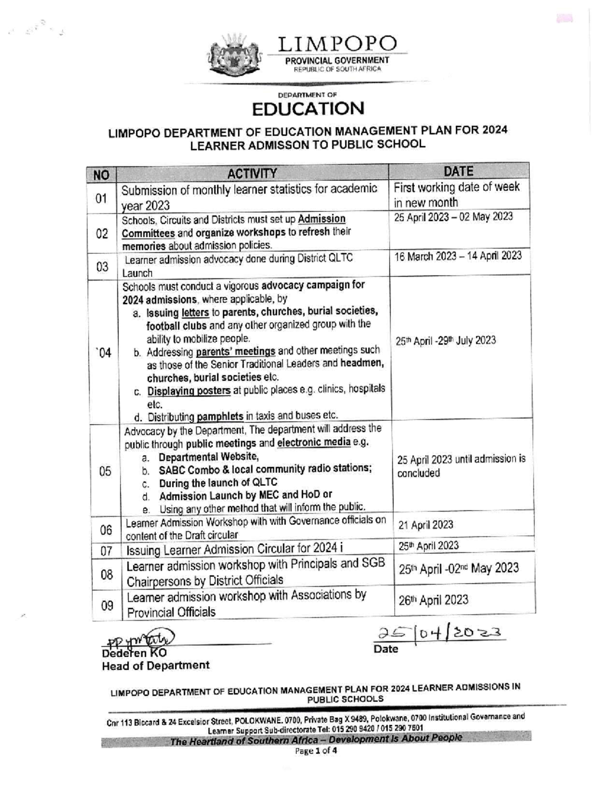 LIMPOPO DEPARTMENT OF EDUCATION 2024 Learner Admission Plan - Studocu