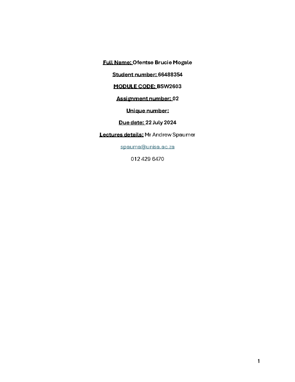 BSW2603 Assignment 02: Exploring Developmental Social Welfare - Studocu