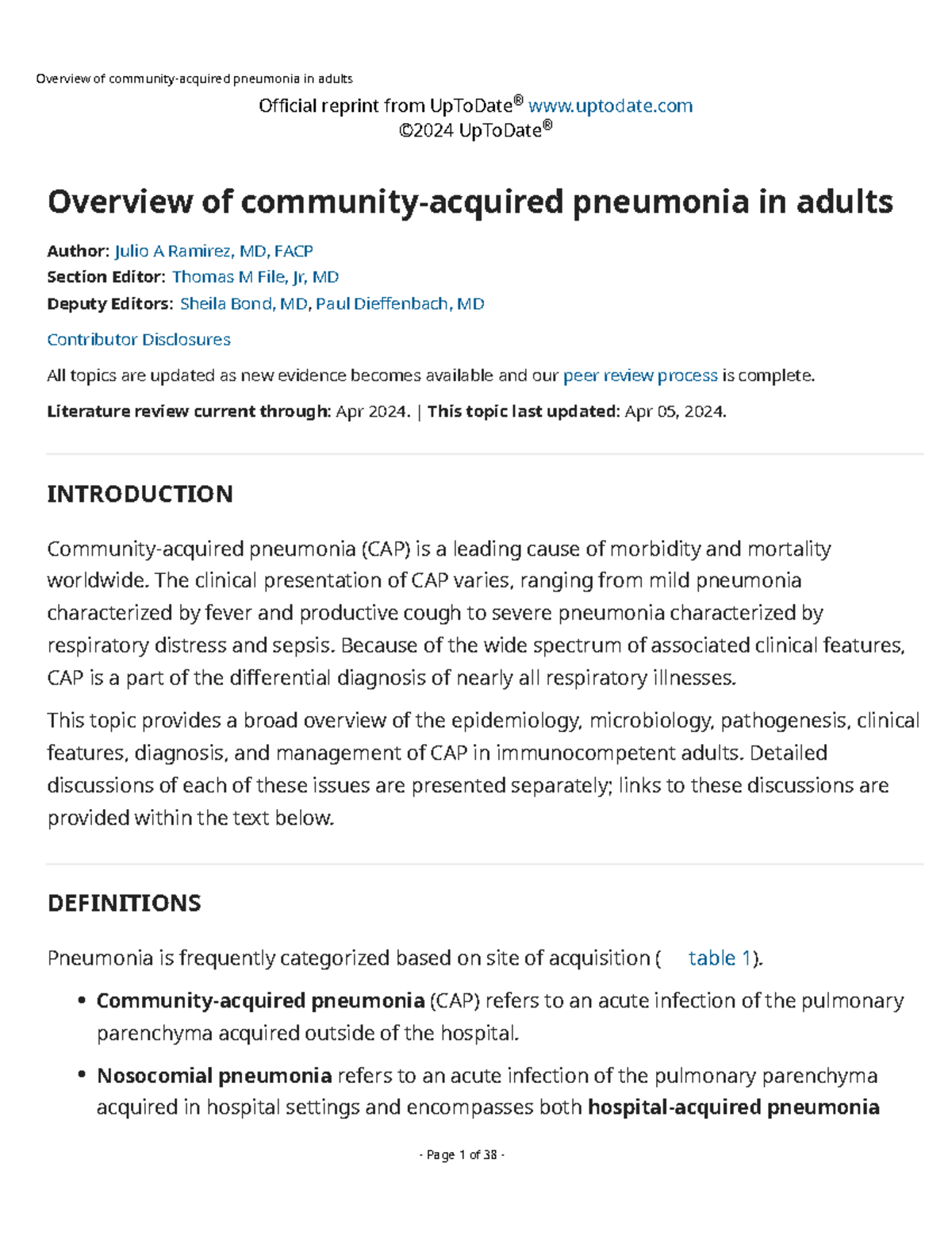 Overview of community-acquired pneumonia in adults - Official reprint ...