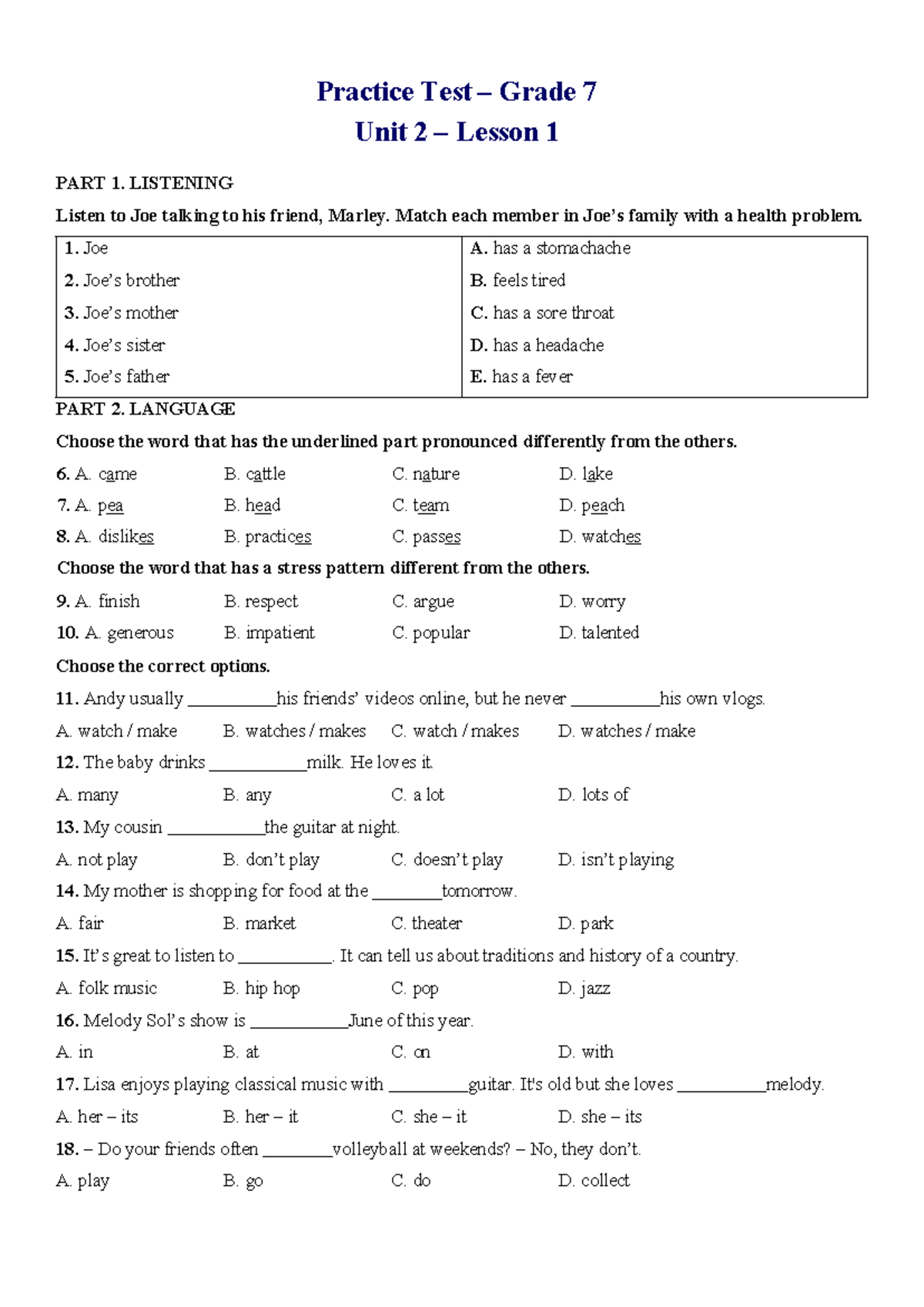 Đề Thi Thực Hành Grade 7 - Unit 2 Lesson 1 - Studocu