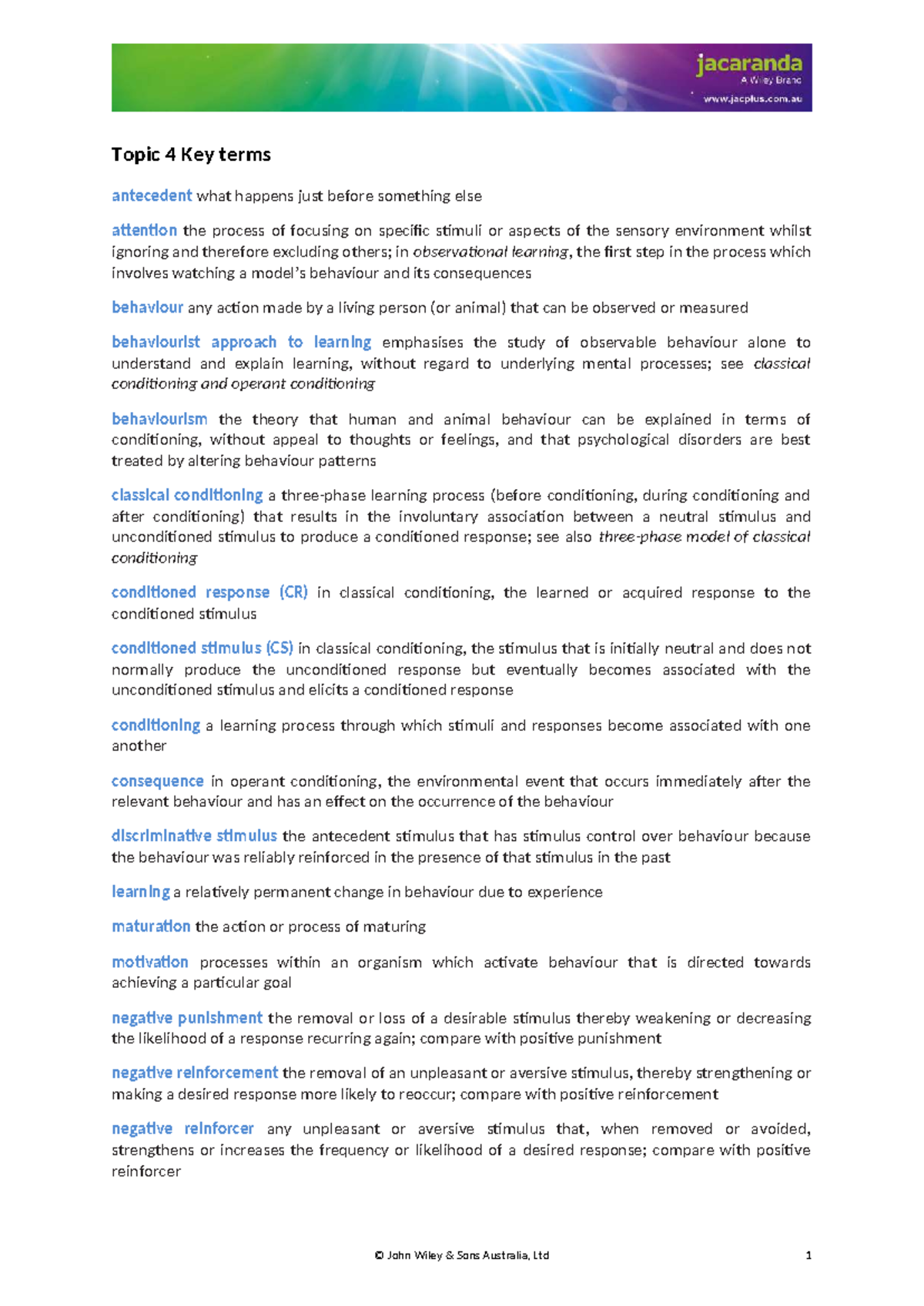 Topic 4 Key Terms: Understanding Learning Theories and Behaviors - Studocu
