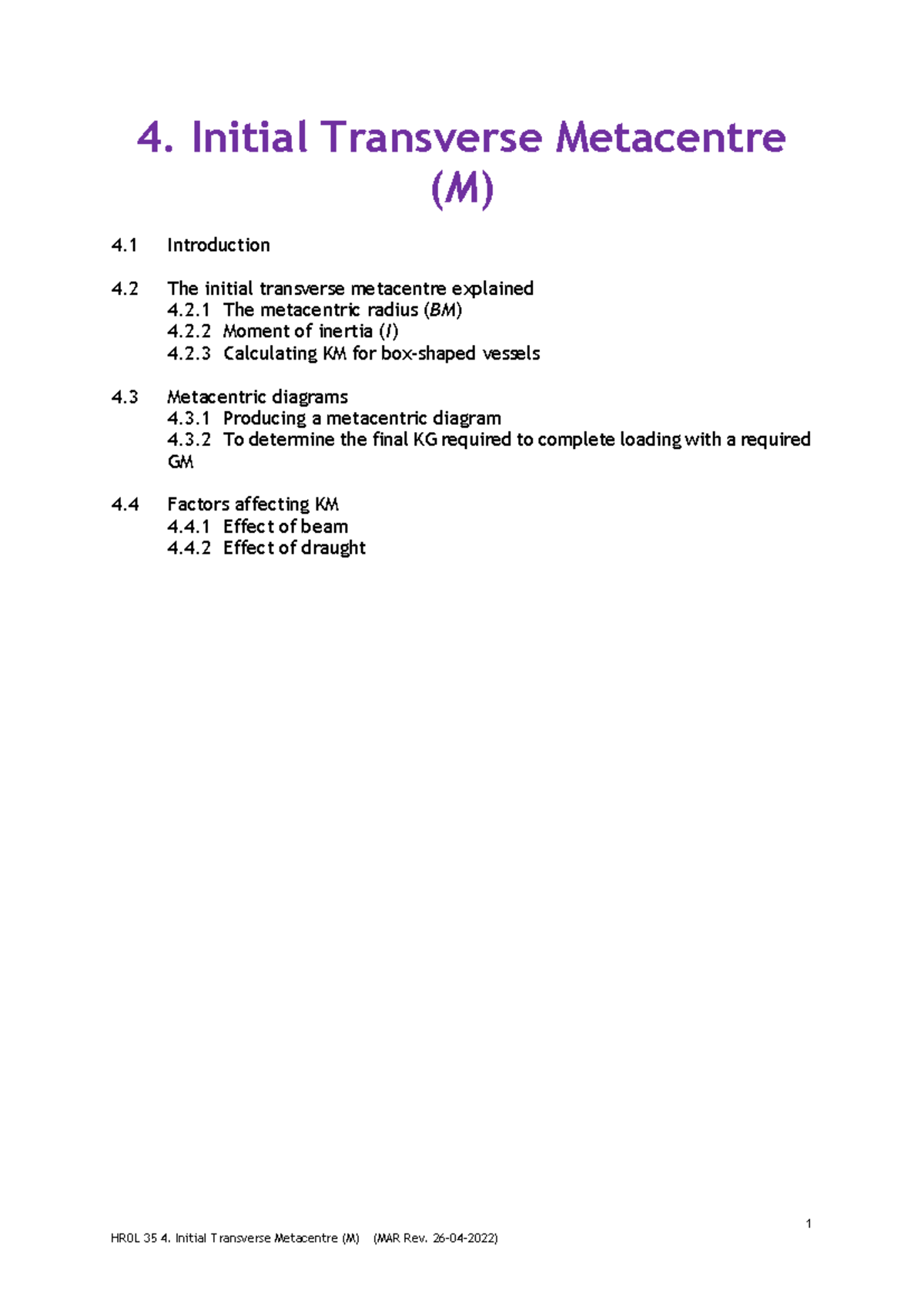 Final Exam Notes on Initial Transverse Metacentre (HR0L 35) - 1 4 ...