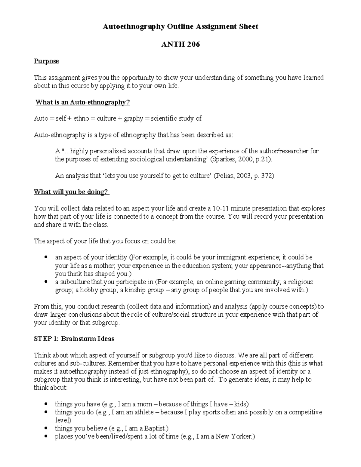 Autoethnography Outline Instructions for ANTH 206 Assignment - Studocu