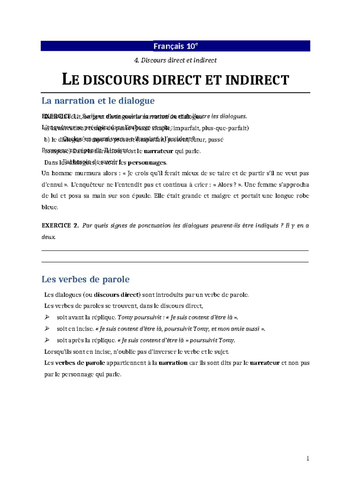 Français 10e - Discours Direct et Indirect: Séquence d'Exercices - Studocu