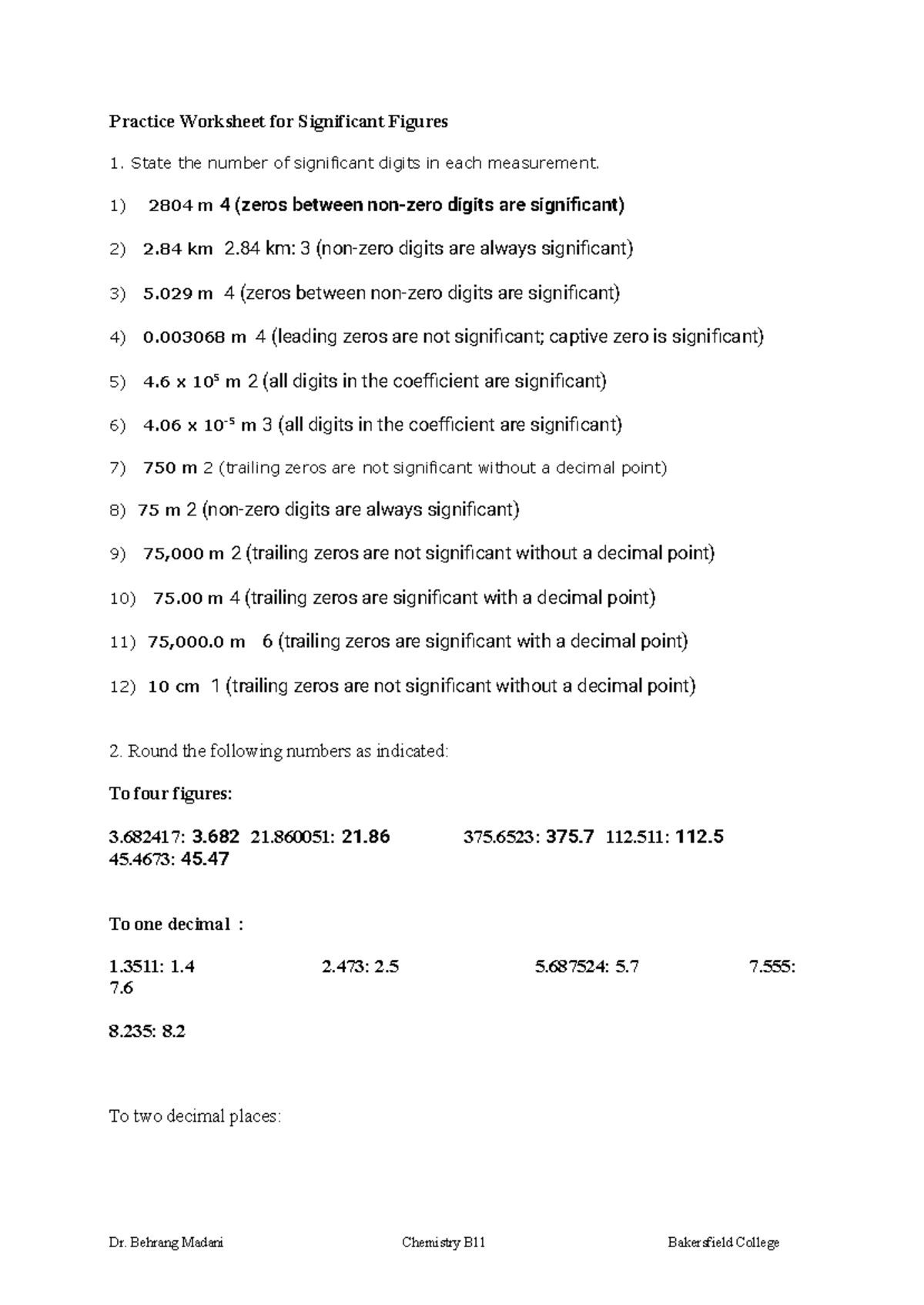 Significant Figures Practice Worksheet for CHEM 101 - Studocu