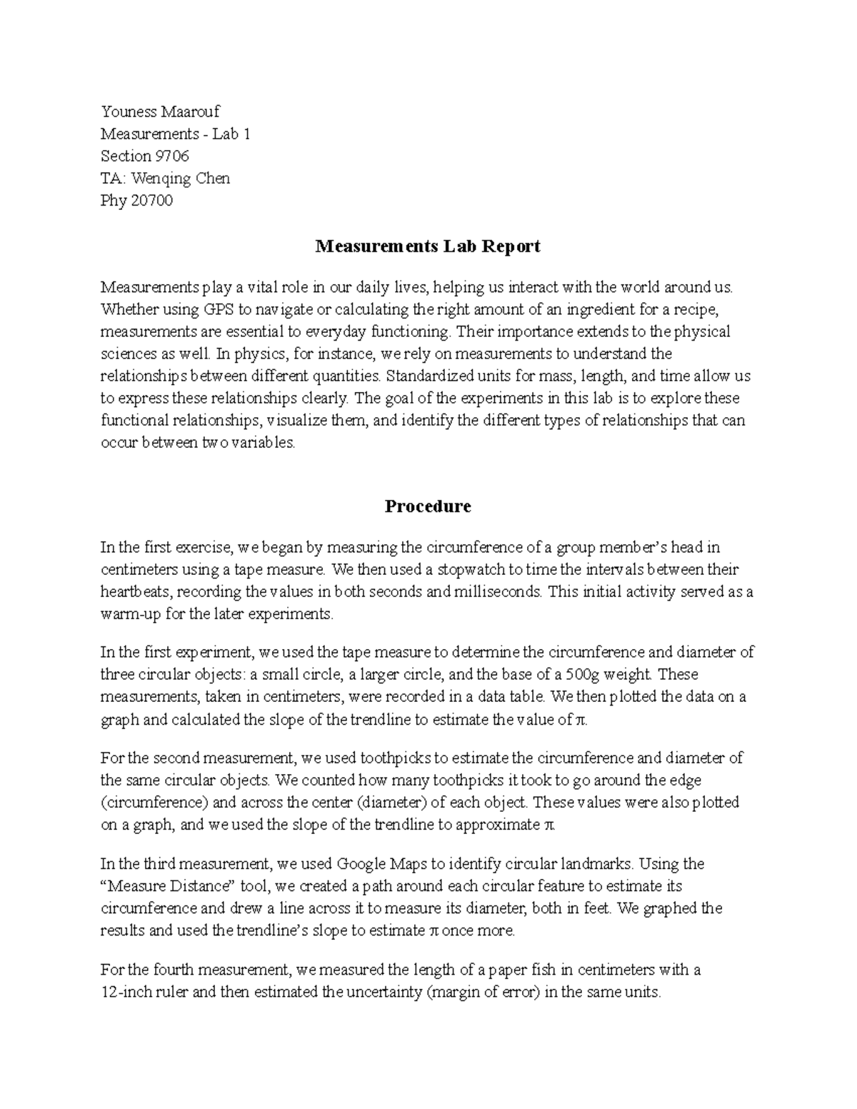 Phy 20700 Measurements Lab 1 Report: Exploring Functional Relationships ...