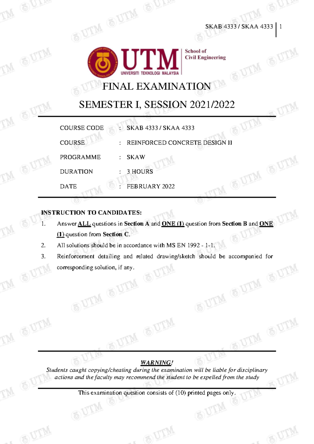 SKAB SKAA 1 FINAL EXAMINATION: REINFORCED CONCRETE DESIGN II - Studocu