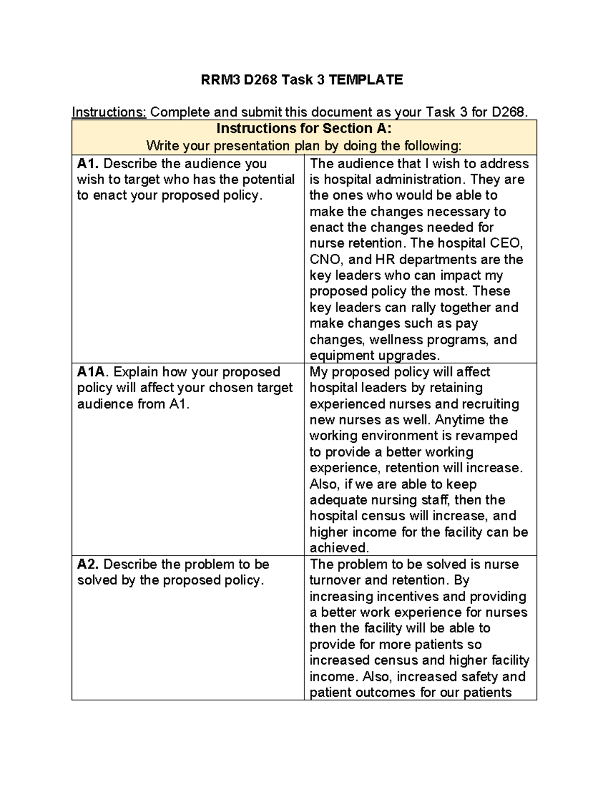 RRM3 D268 Task 3 Part A - Presentation Plan for Nurse Retention Policy ...