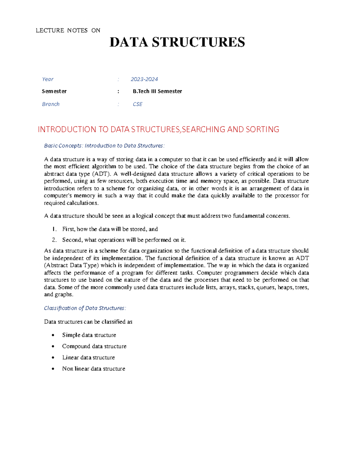 Data Structure Unit -1 Notes - LECTURE NOTES ON DATA STRUCTURES Year ...