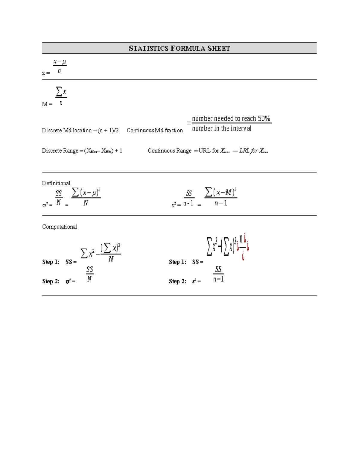 Psy 201 formula sheet ms - STATISTICS FORMULA SHEET z = x−μ σ M = ∑ x n ...