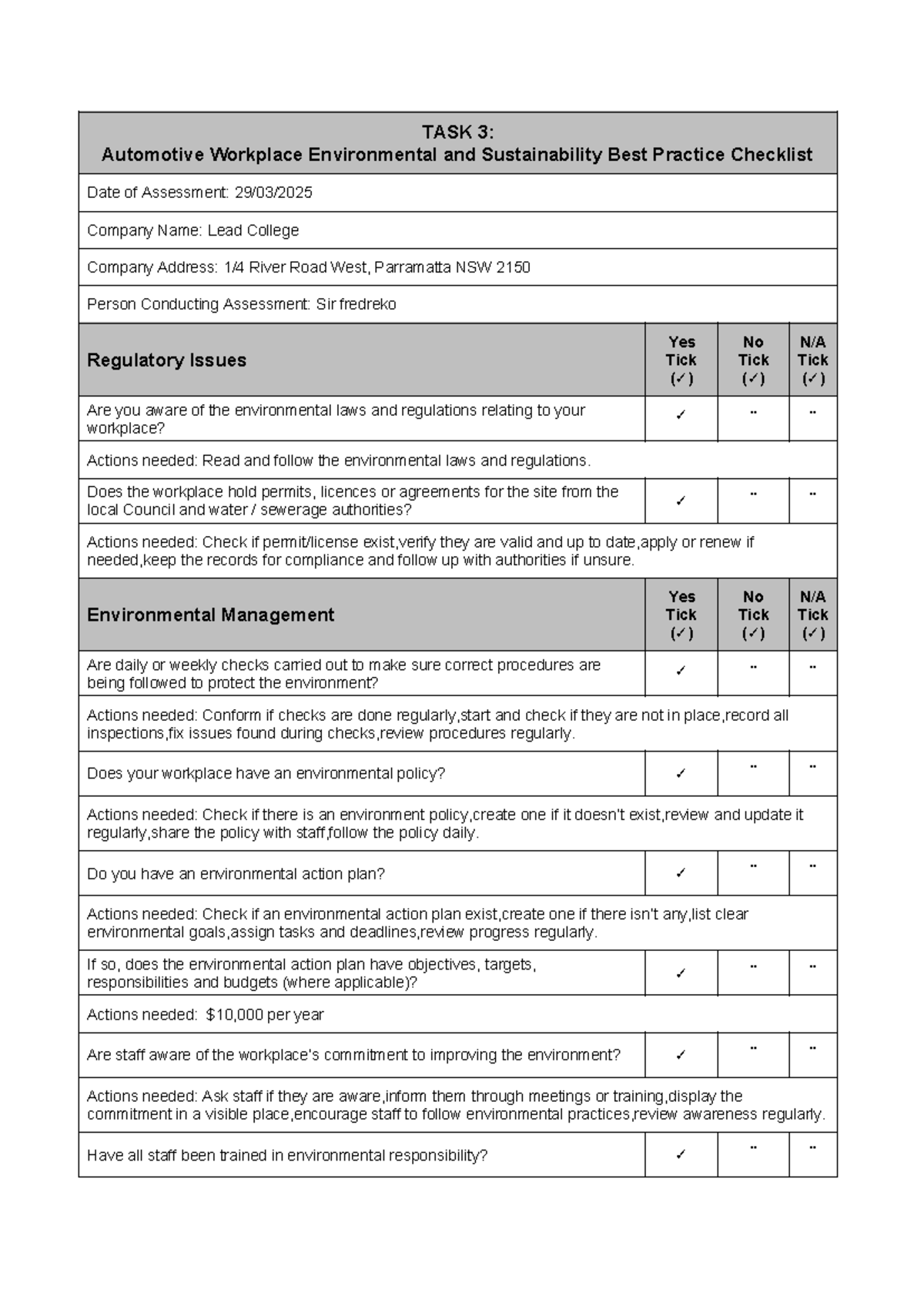 Automotive Workplace Environmental & Sustainability Checklist (TASK 3 ...
