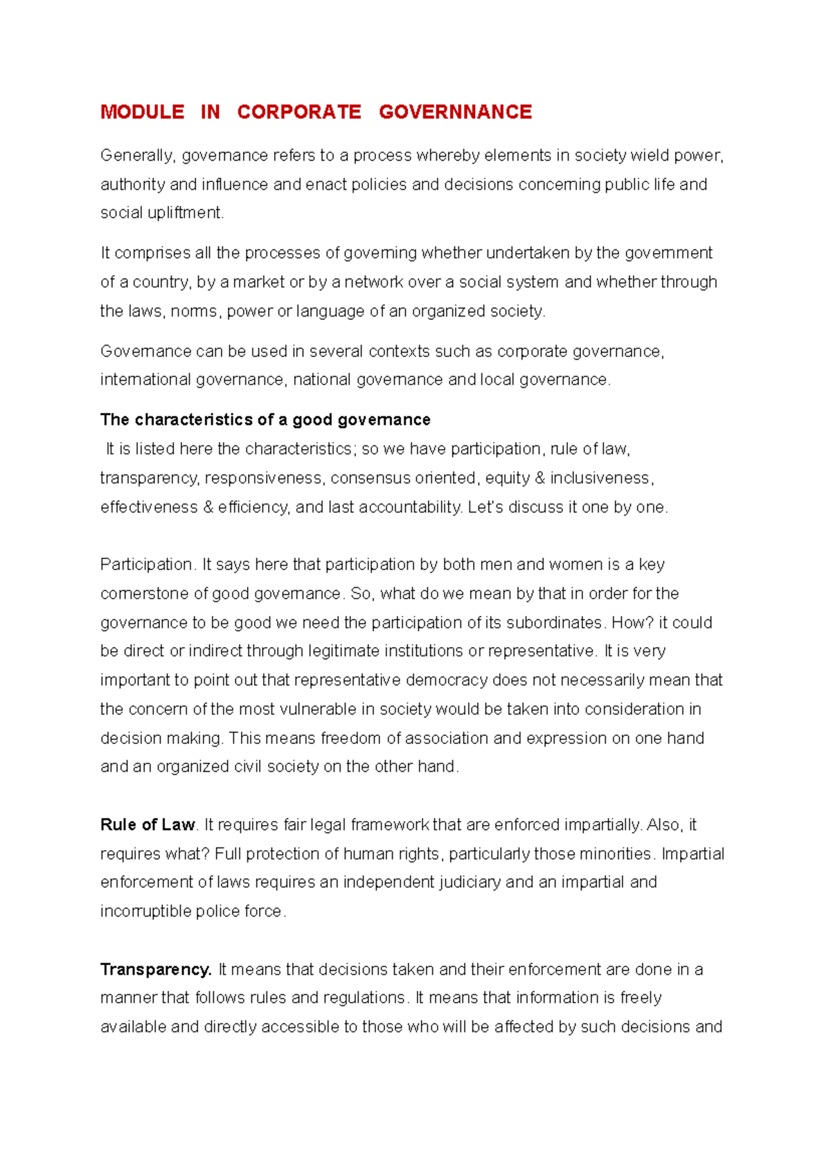 Module in Corporate Governance: Key Principles and Practices - Studocu