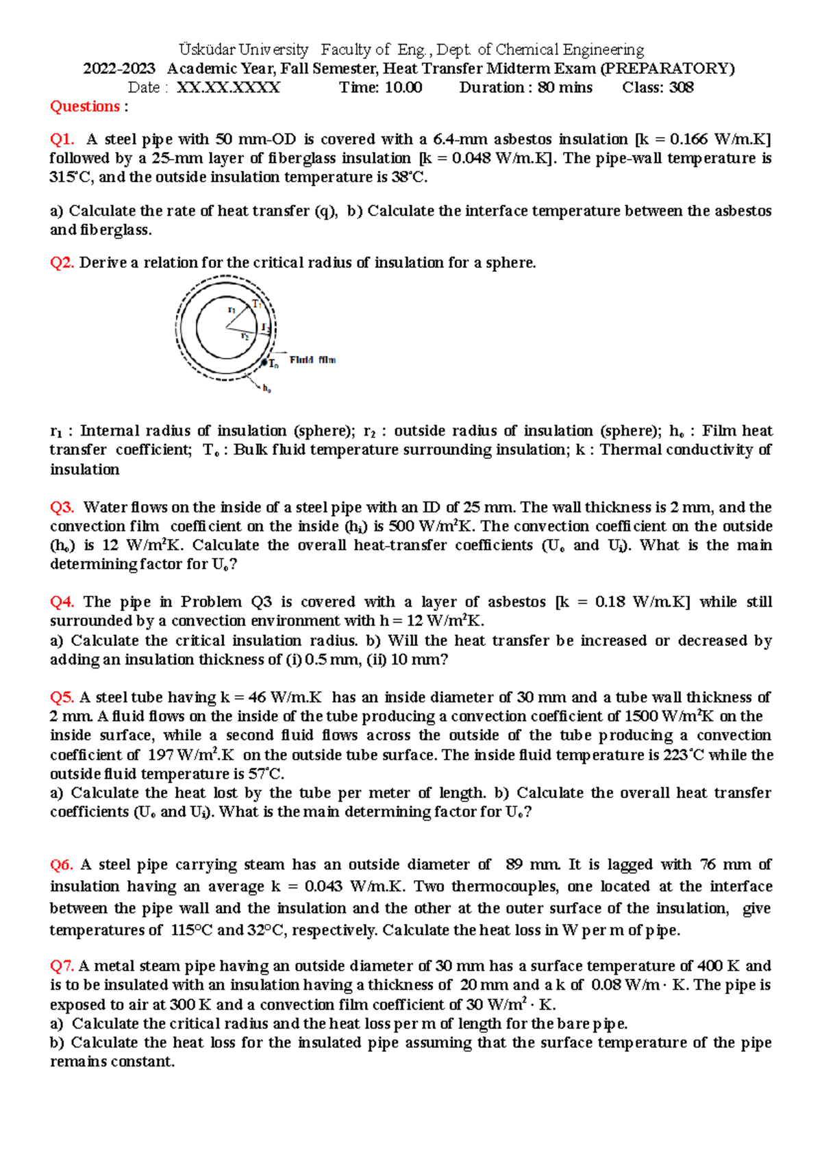 Heat Transfer CHE-201 Midterm Exam Prep: Key Concepts and Problems ...