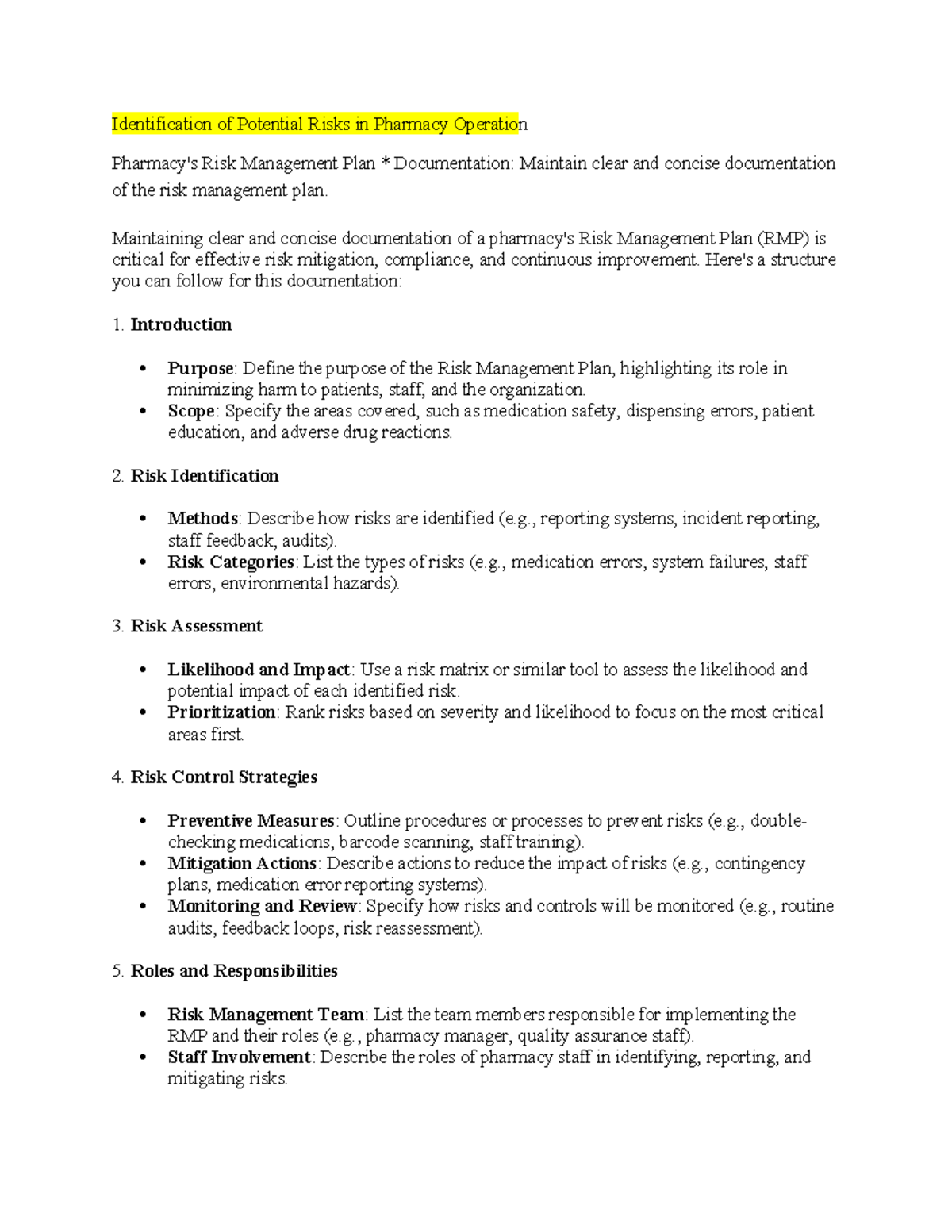 Pharmacy Risk Management Plan: Identifying and Mitigating Operational ...