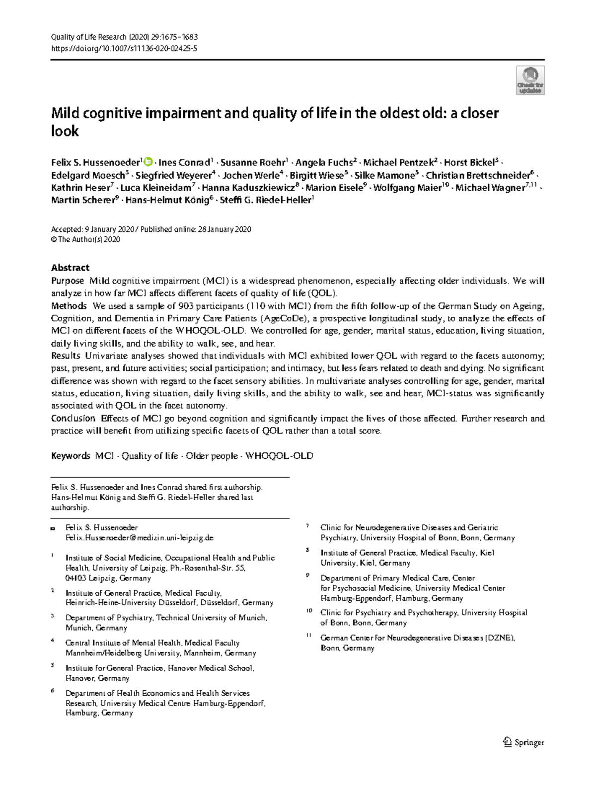 MCI and Quality of Life in the Oldest Old: Insights from AgeCoDe Study ...