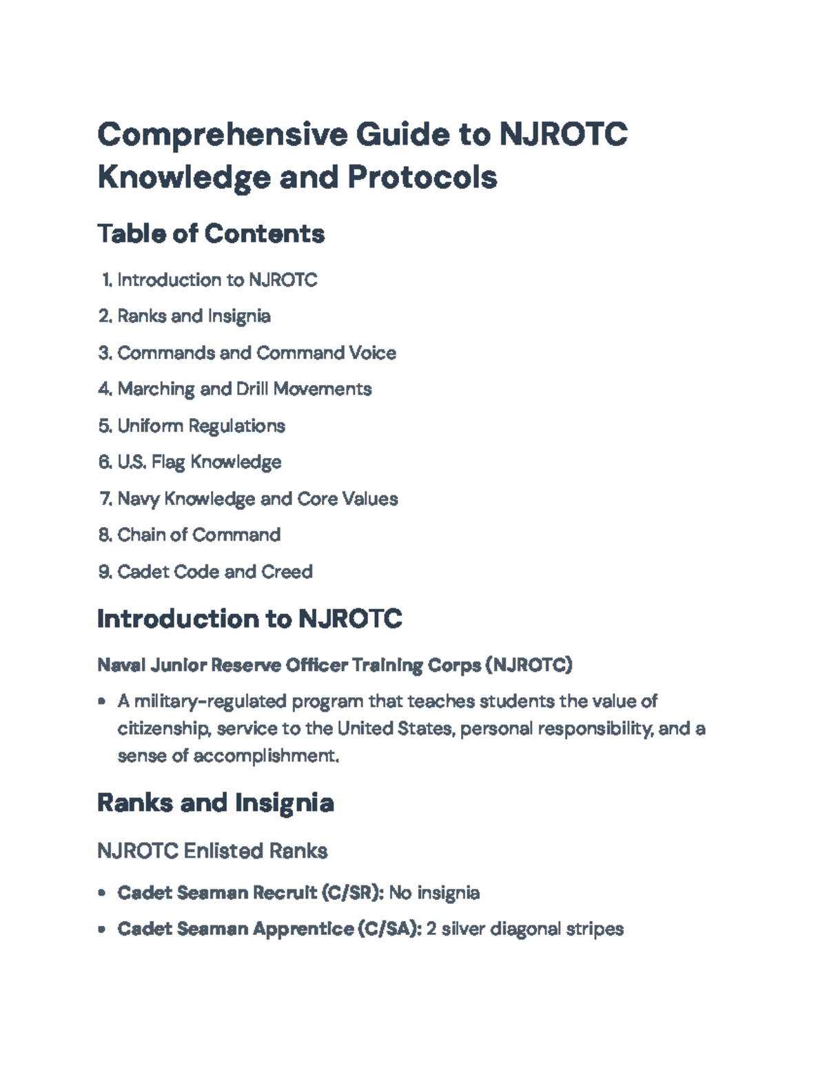 NJROTC Guide: Cadet Conduct, Knowledge & Protocols Overview - Studocu