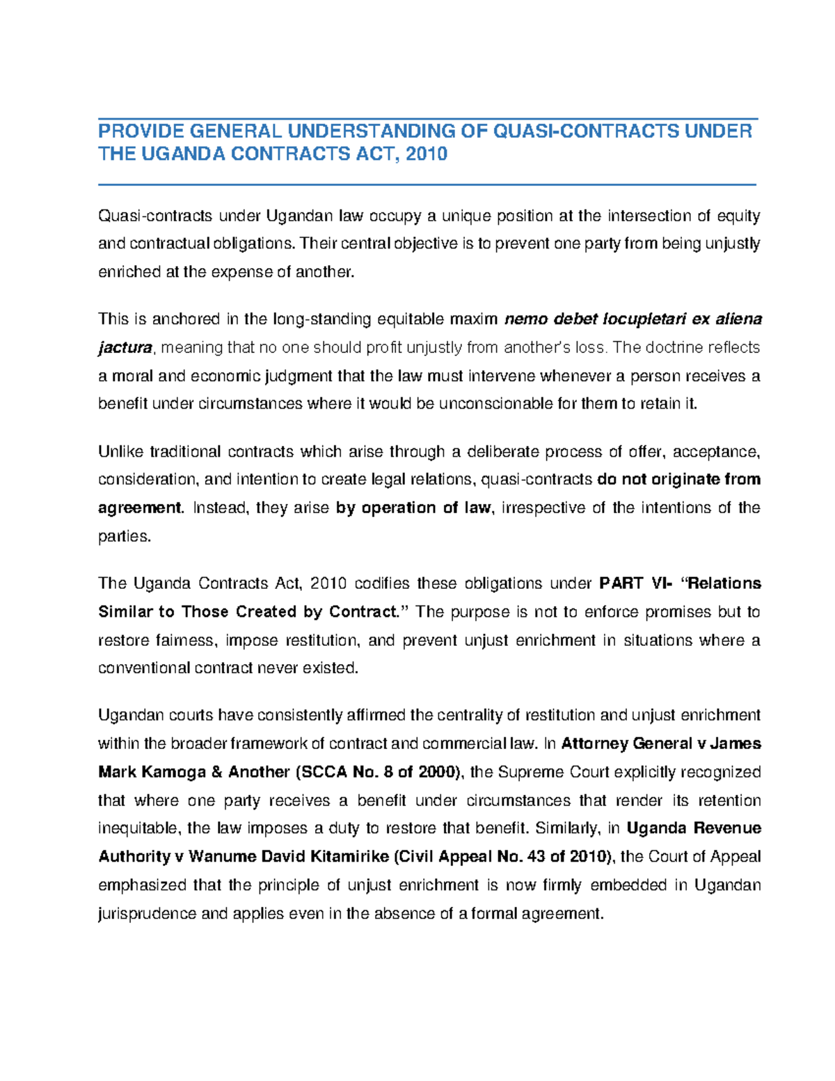 Quasi Contracts under Uganda Contracts Act, 2010: A Study Guide - Studocu