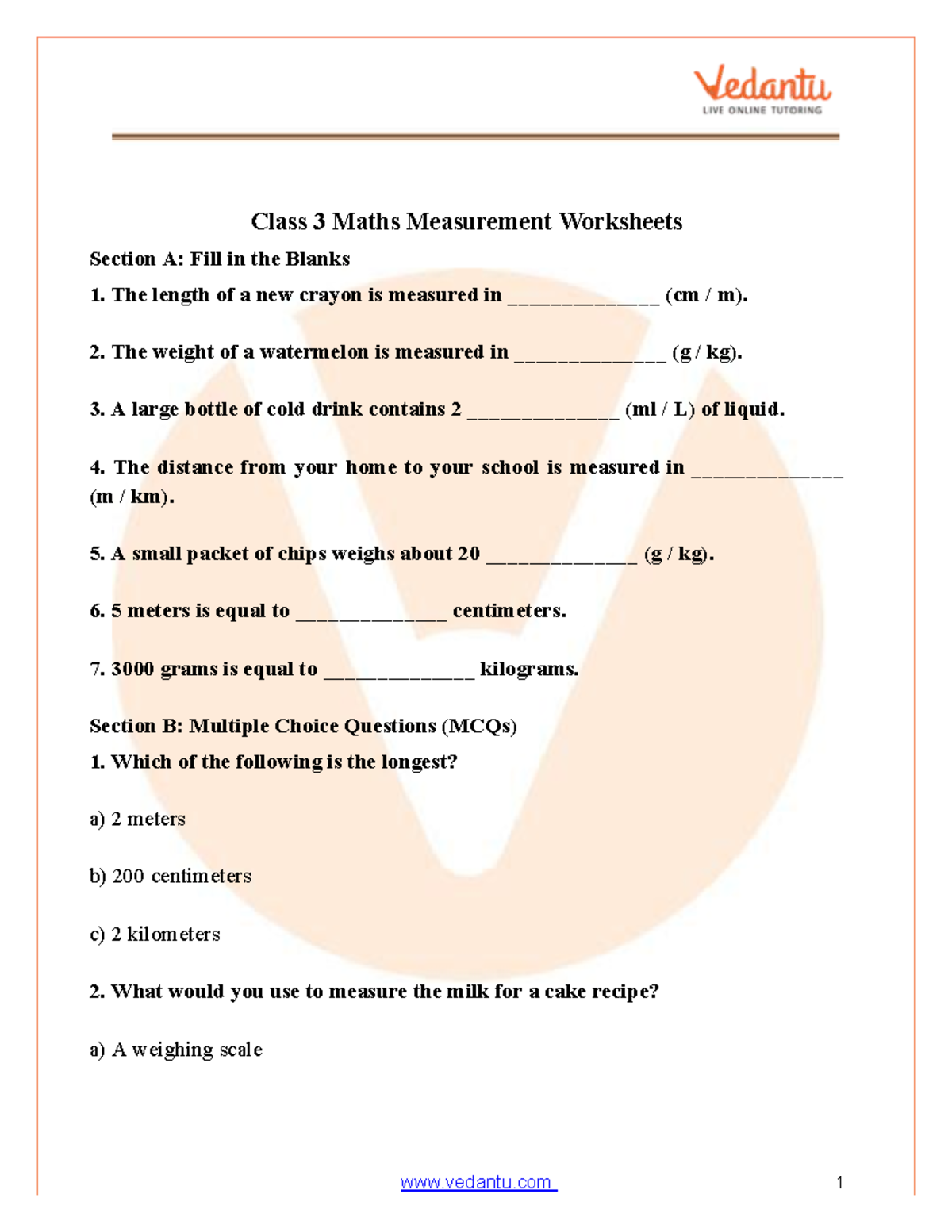 Class 3 Maths Measurement Worksheet PDF – Practice & Answers - Studocu