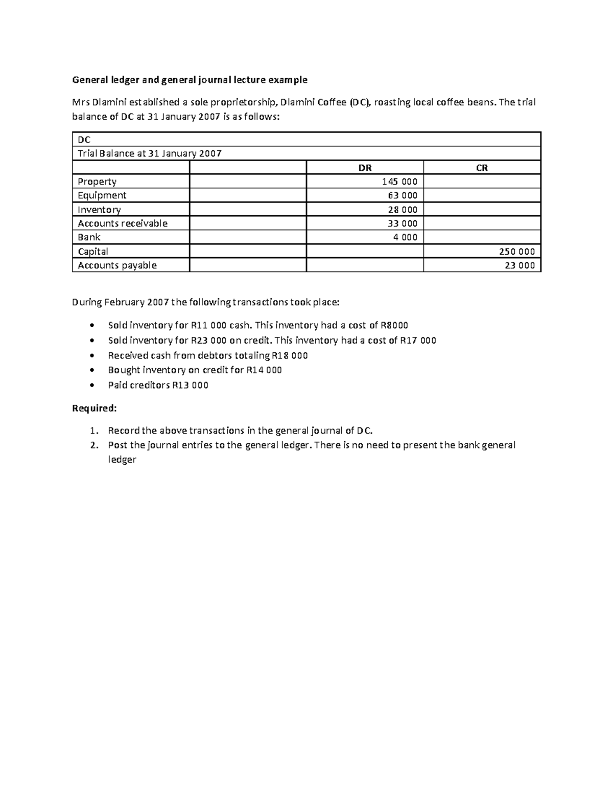 General Ledger & Journal Example for Dlamini Coffee (DC) - Lecture ...