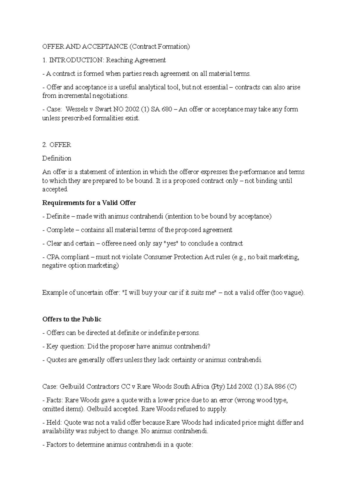 Law of Contract (LWC 101): Offer and Acceptance Brief Notes - Studocu