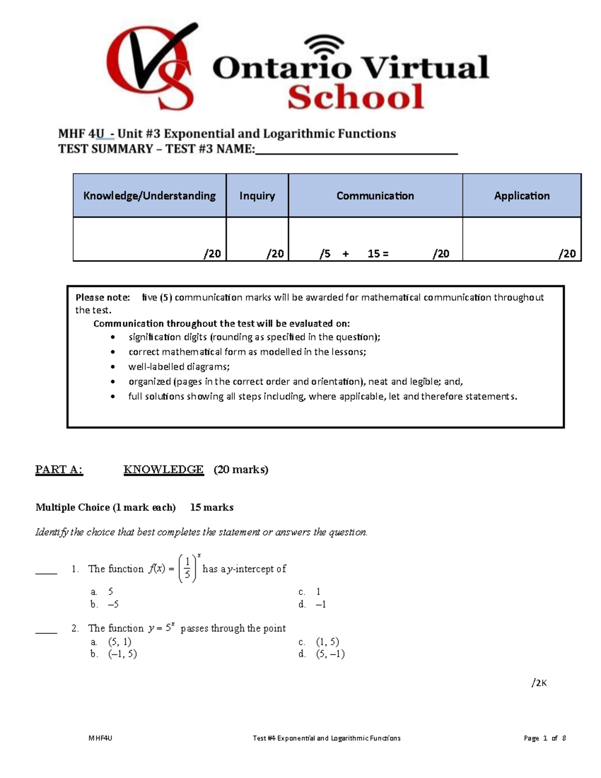 OVS math test unit 3 - PART A: KNOWLEDGE (20 marks) Multiple Choice (1 ...