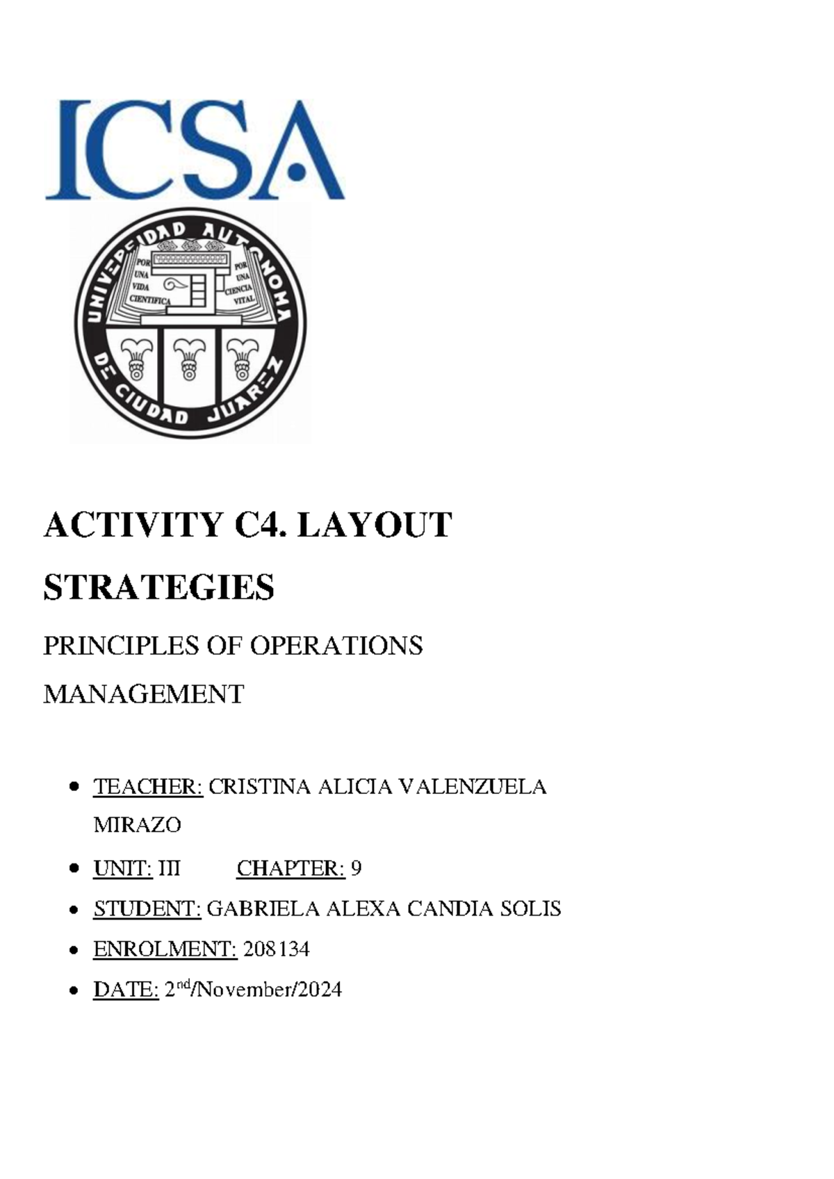 ACTIVITY C4: LAYOUT STRATEGIES IN OPERATIONS MANAGEMENT - UNIT III ...
