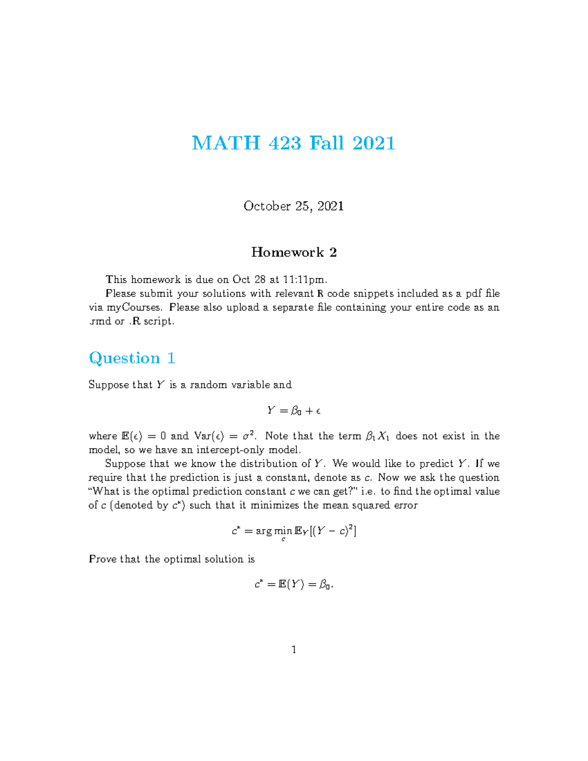 MATH 423 Fall 2021: Homework 2 - R Code and Model Analysis - Studocu
