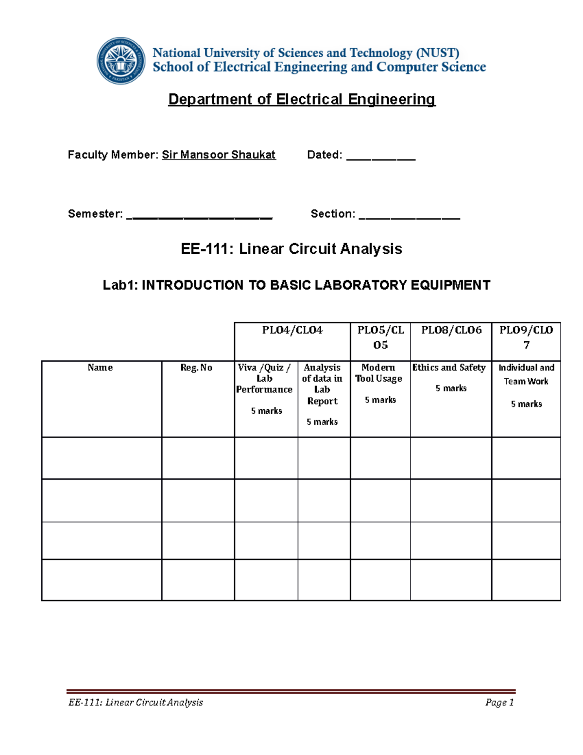 EE-111 Lab Report Format: Introduction to Basic Lab Equipment - Studocu