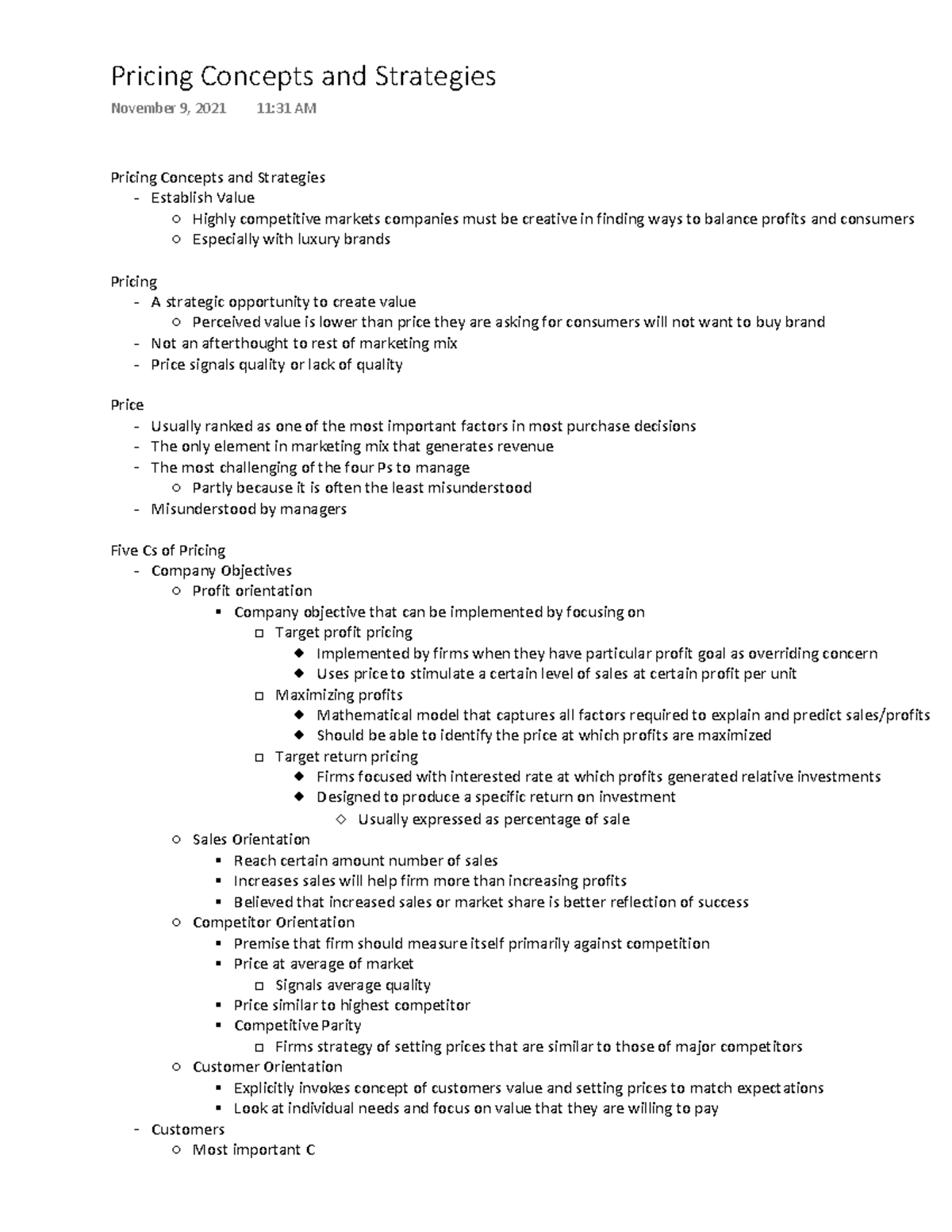 Chapter 11 Lecture Notes - Pricing Concepts and Strategies - Pricing ...