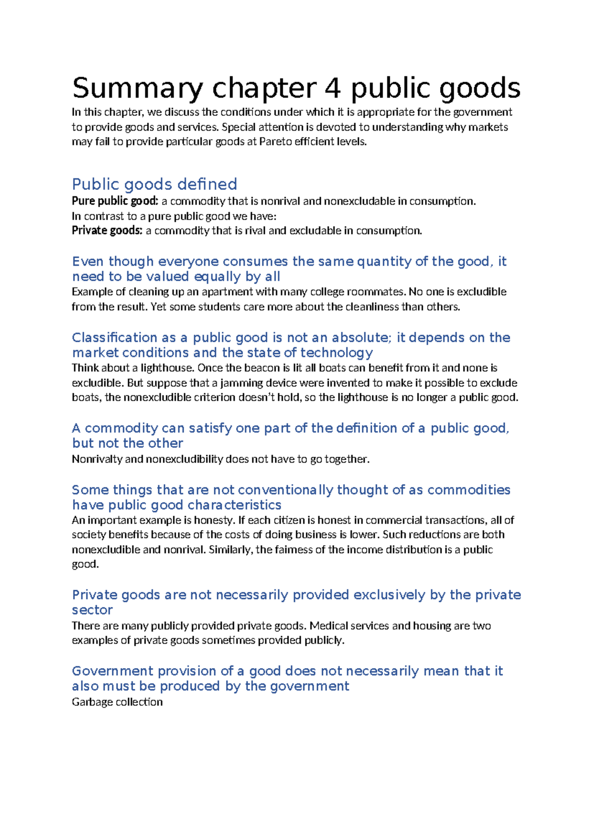 Summary of Chapter 4: Public Goods and Market Failures - Studeersnel