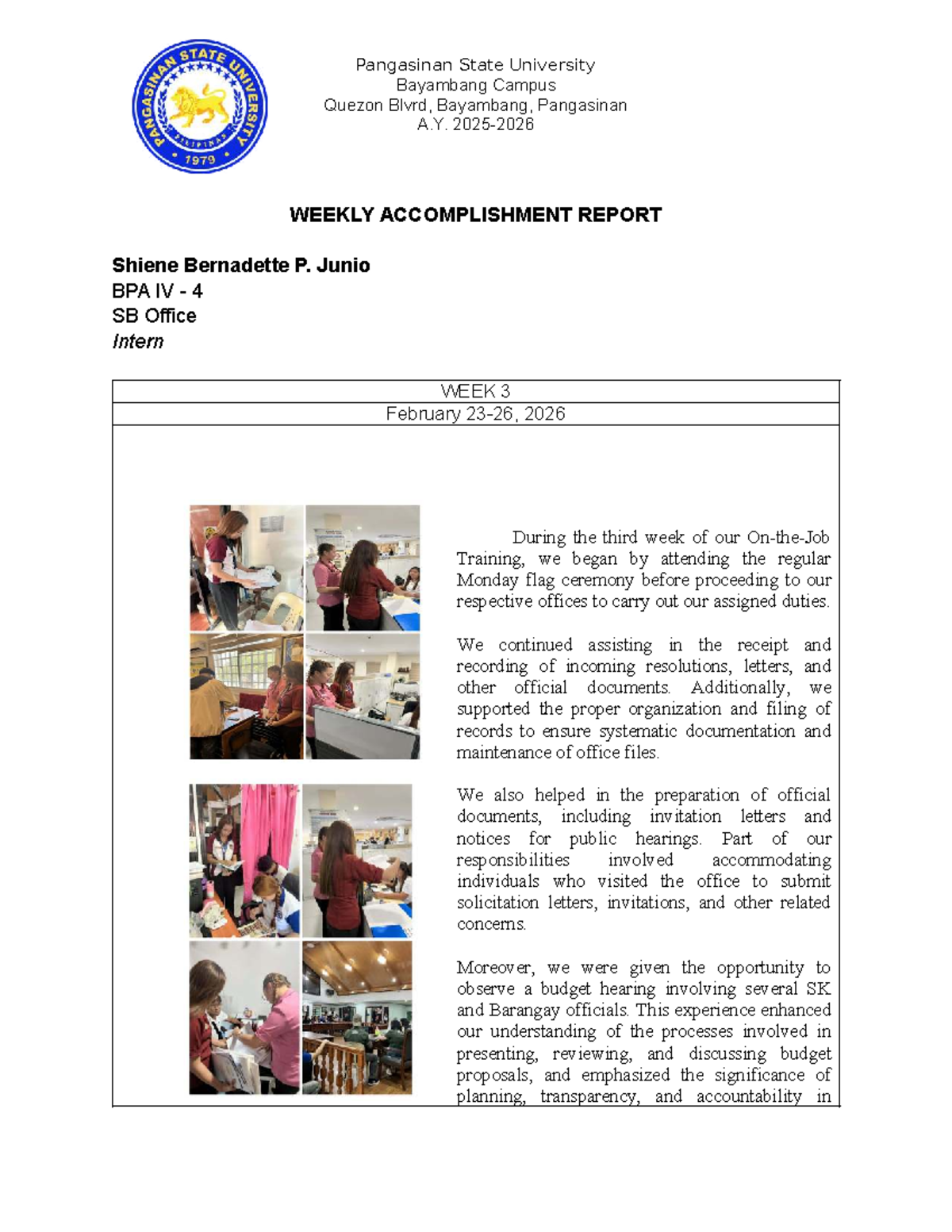 BPA IV Weekly Accomplishment Report - Week 3 (Feb 2026) - Studocu